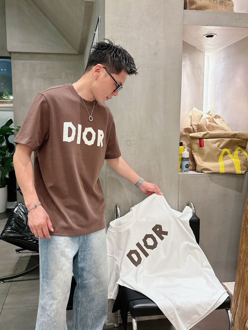 DIOR - Overlaid Logo Graphic T-Shirt in Coffee Brown