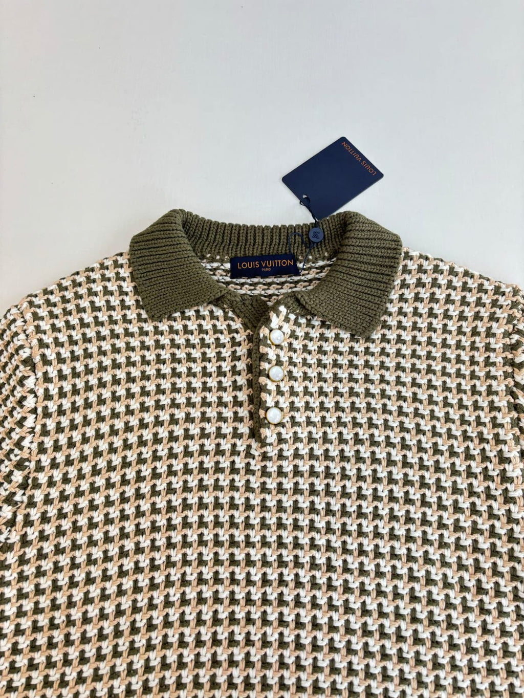 Louis Vuitton - Damier Intarsia Knit Polo in Khaki & Cream