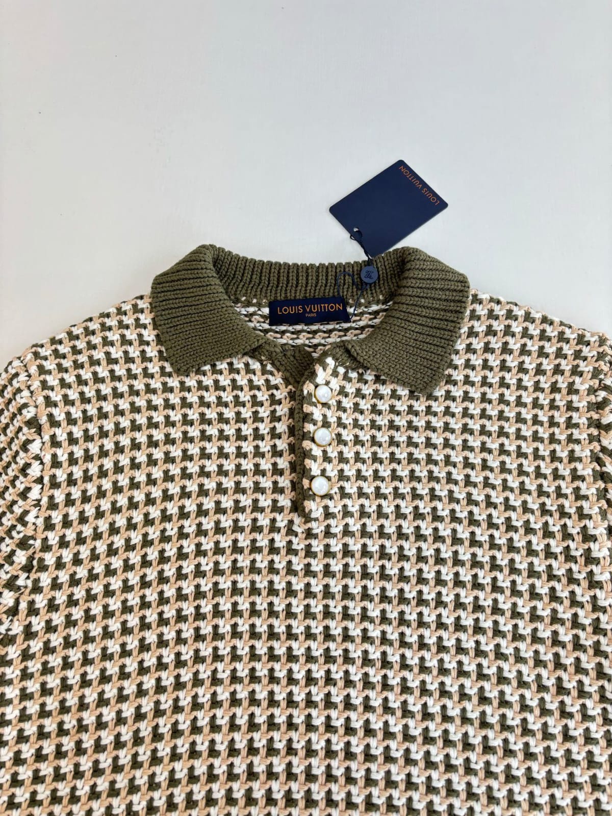 Louis Vuitton - Damier Intarsia Knit Polo in Khaki & Cream