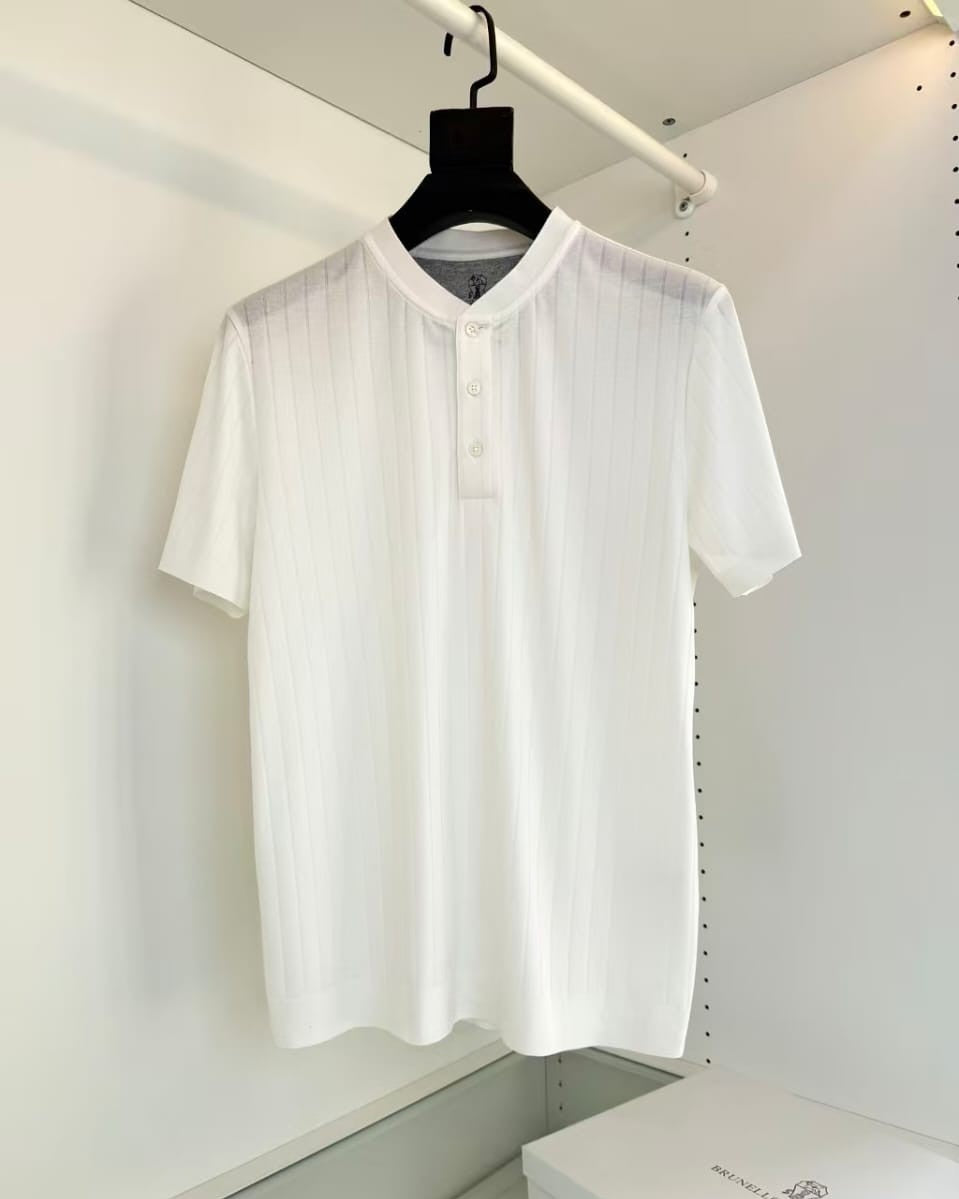 Brunello Cucinelli - Ribbed Cotton-Silk Henley in Optical White