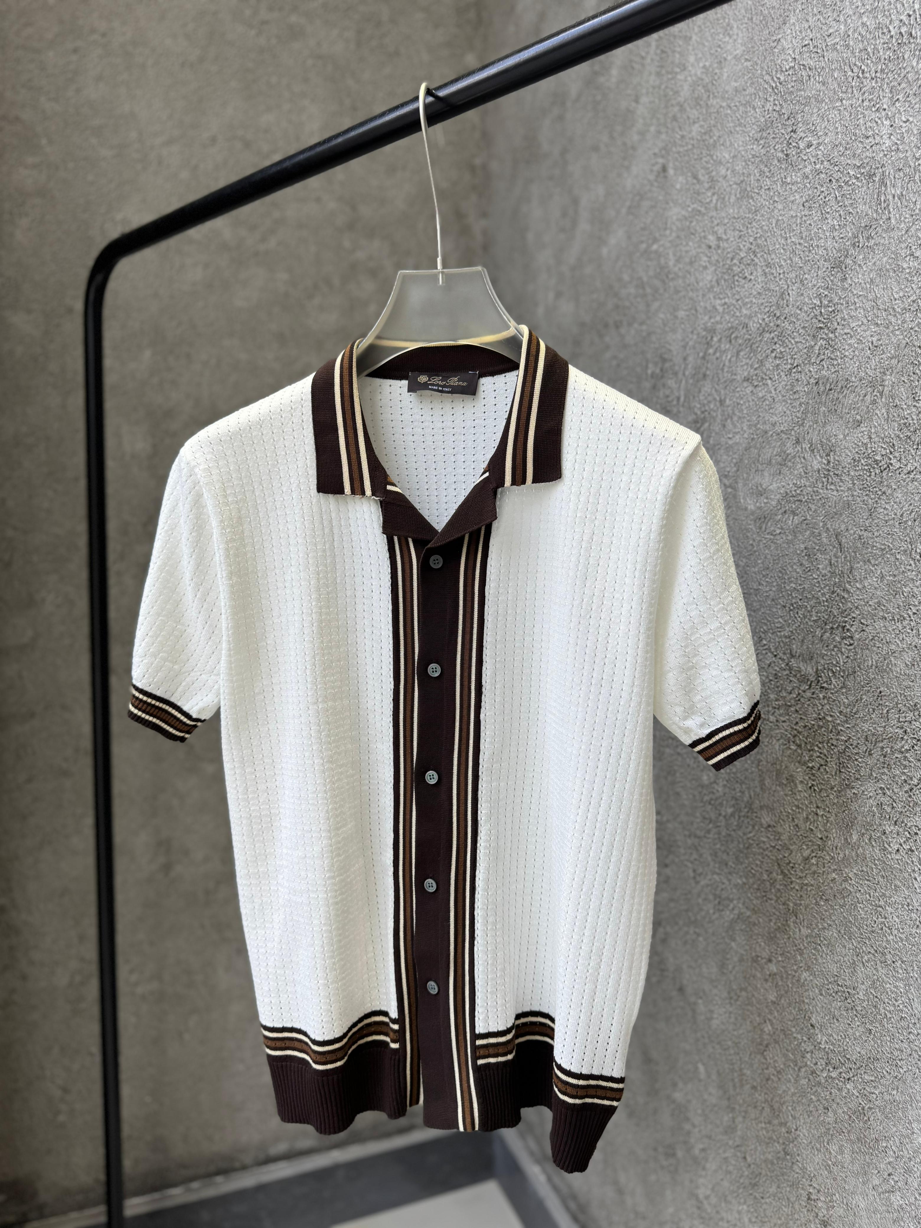 Loro Piana - Silk & Cotton Crochet-Knit Button-Up Polo - Optic White & Espresso / Optic White & Mocha