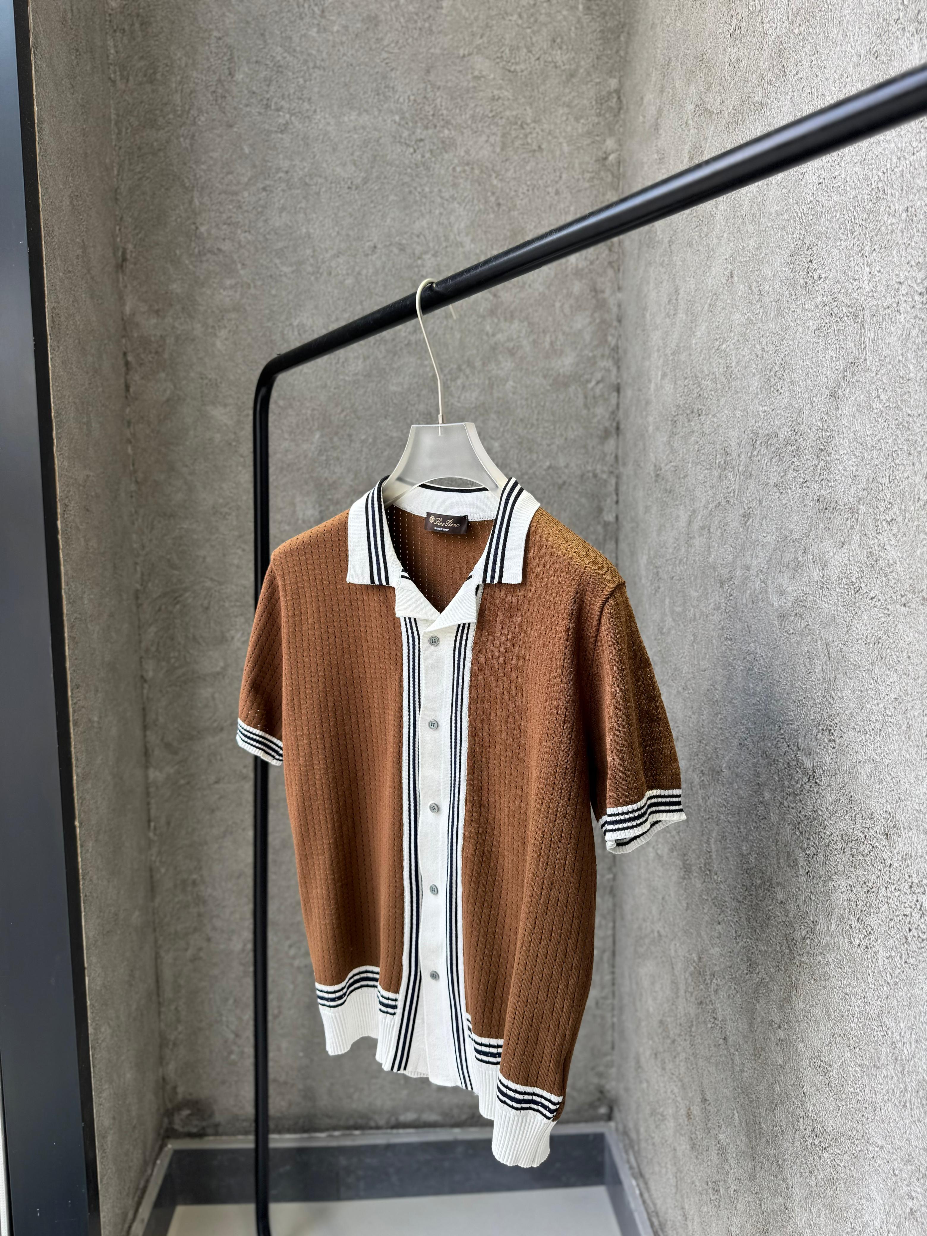 Loro Piana - Silk & Cotton Crochet-Knit Button-Up Polo - Optic White & Espresso / Optic White & Mocha