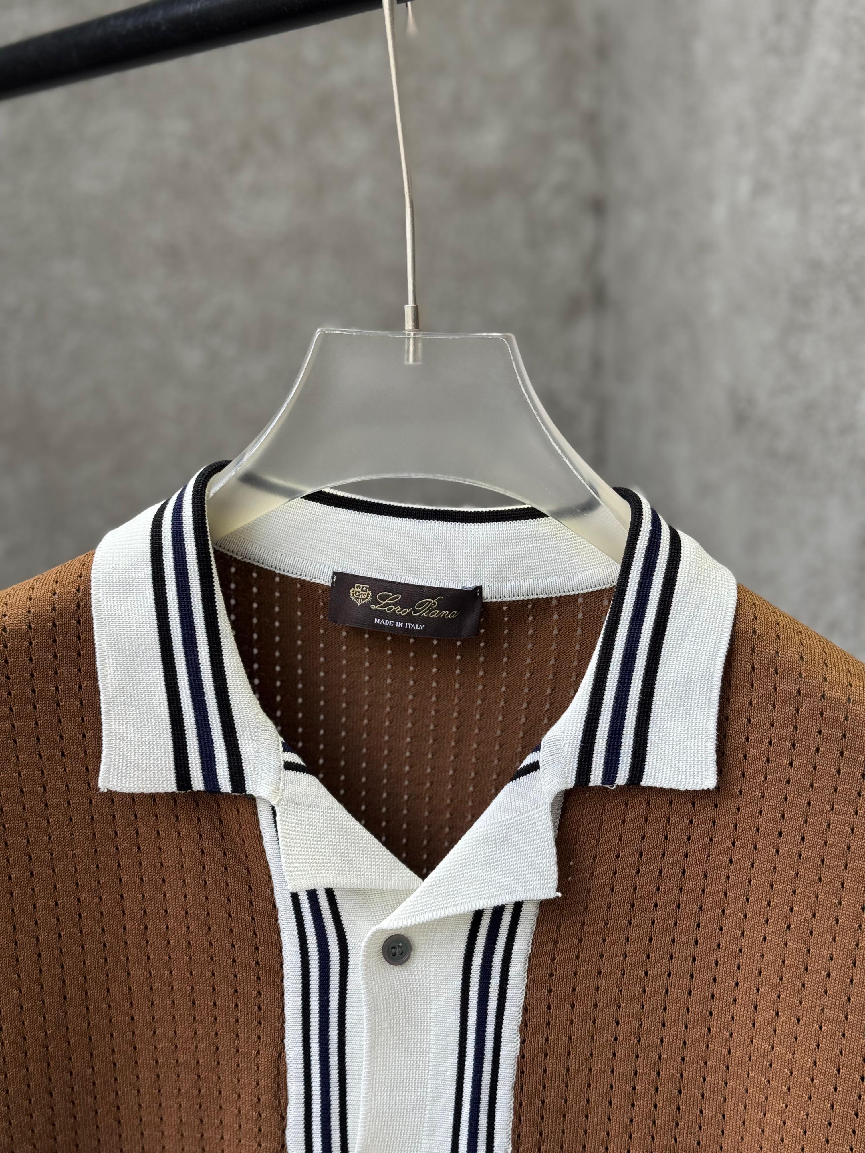 Loro Piana - Silk & Cotton Crochet-Knit Button-Up Polo - Optic White & Espresso / Optic White & Mocha