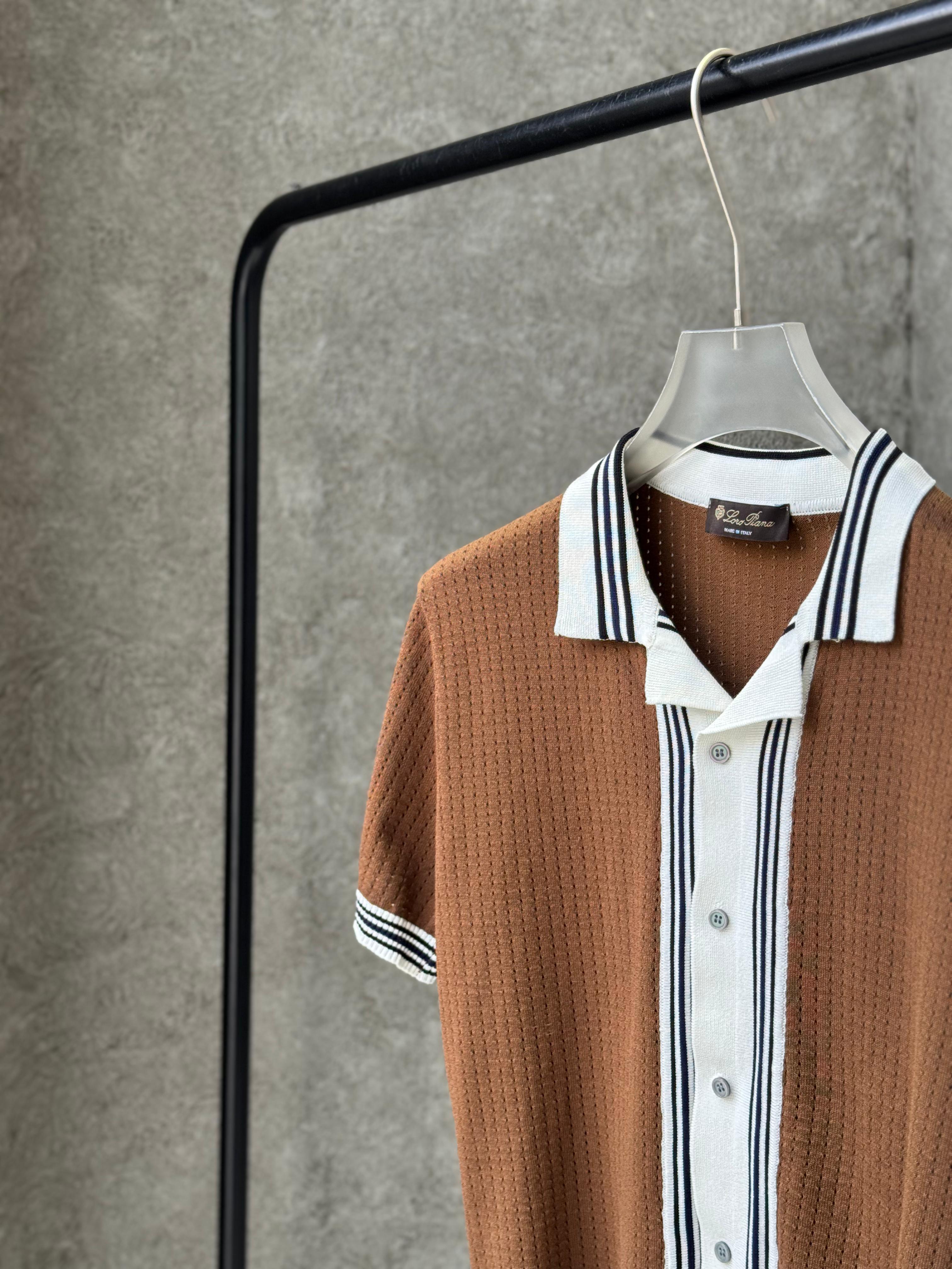 Loro Piana - Silk & Cotton Crochet-Knit Button-Up Polo - Optic White & Espresso / Optic White & Mocha