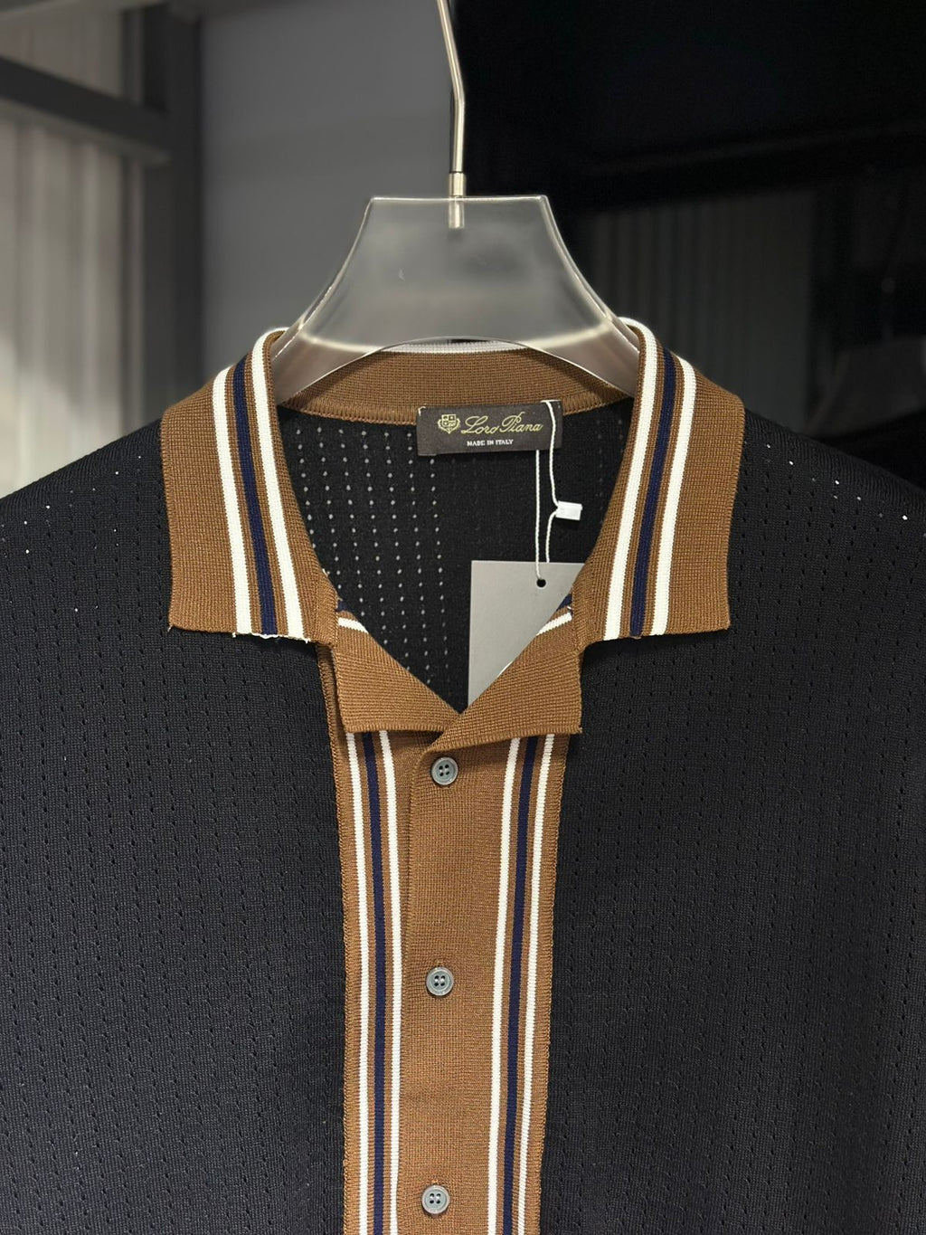 Loro Piana - Open-Work Crochet Knit Button-Up Polo - Navy & Cedar