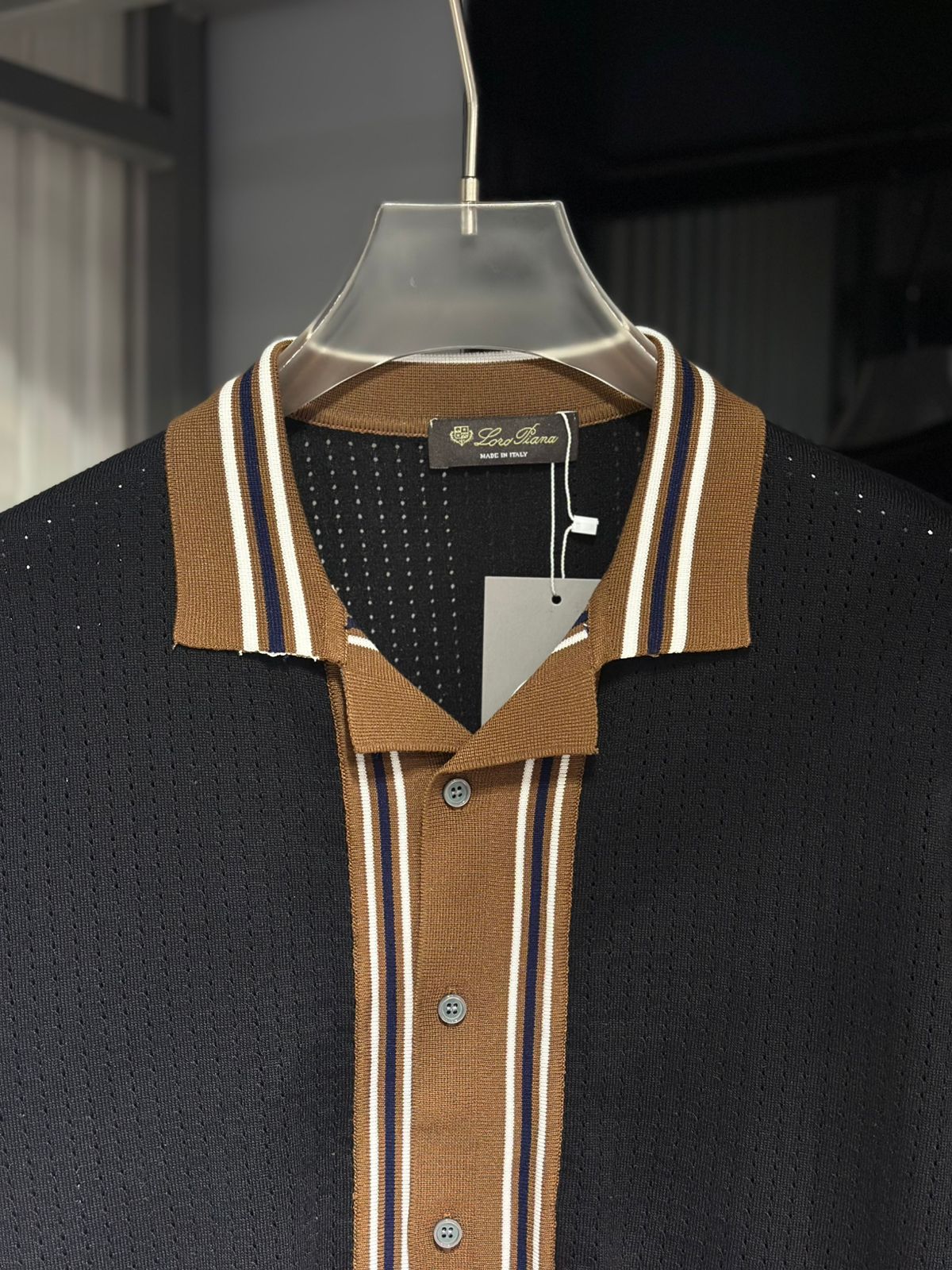 Loro Piana - Open-Work Crochet Knit Button-Up Polo - Navy & Cedar