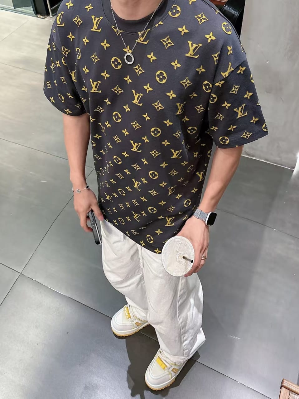 Louis Vuitton - All-Over Embroidered Monogram Cotton T-Shirt - Anthracite/Gold