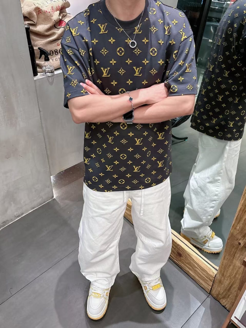 Louis Vuitton - All-Over Embroidered Monogram Cotton T-Shirt - Anthracite/Gold