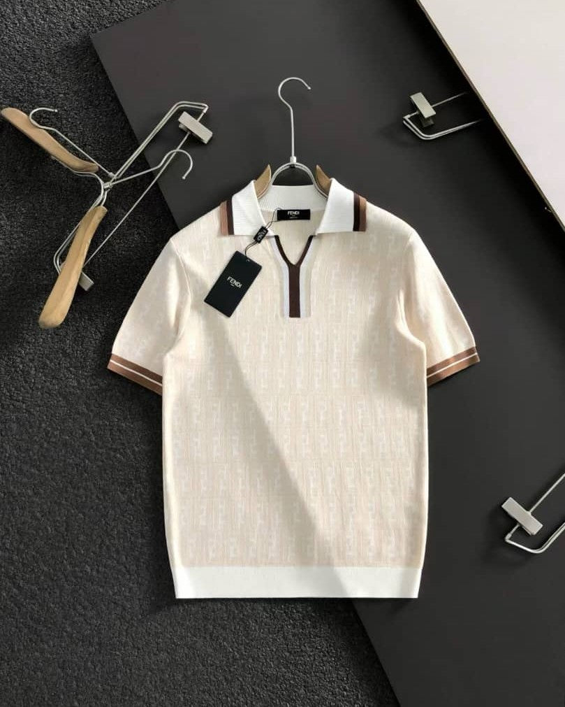 Fendi - Off-White FF Zucca Knit Polo T- Shirt with Brown Stripes