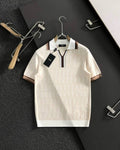Fendi - Off-White FF Zucca Knit Polo T- Shirt with Brown Stripes