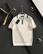 Fendi - Off-White FF Zucca Knit Polo T- Shirt with Brown Stripes