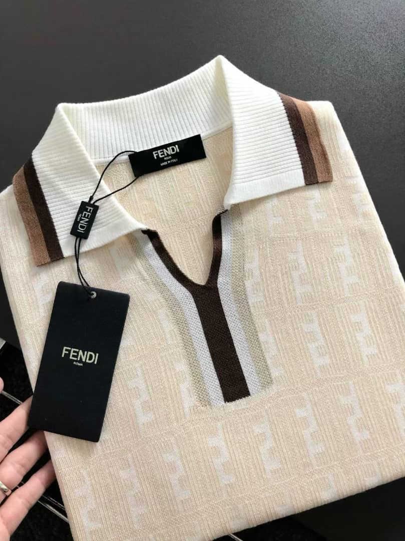 Fendi - Off-White FF Zucca Knit Polo T- Shirt with Brown Stripes