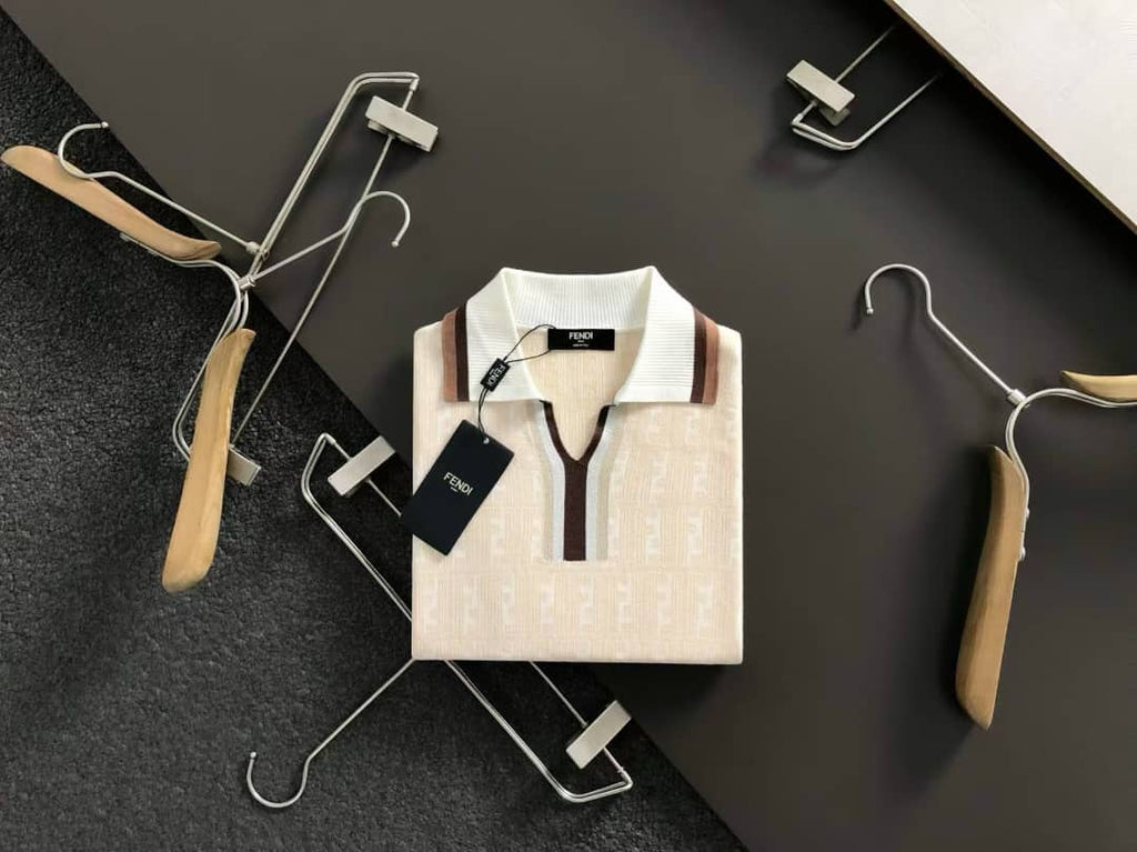 Fendi - Off-White FF Zucca Knit Polo T- Shirt with Brown Stripes