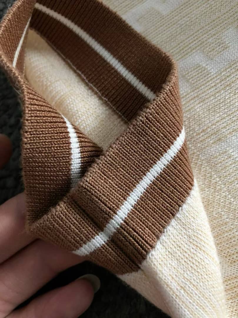 Fendi - Off-White FF Zucca Knit Polo T- Shirt with Brown Stripes