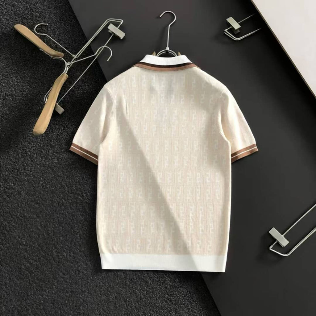 Fendi - Off-White FF Zucca Knit Polo T- Shirt with Brown Stripes