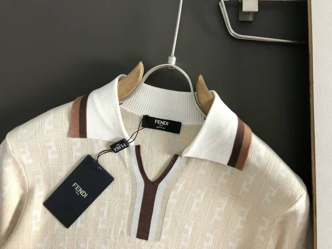 Fendi - Off-White FF Zucca Knit Polo T- Shirt with Brown Stripes