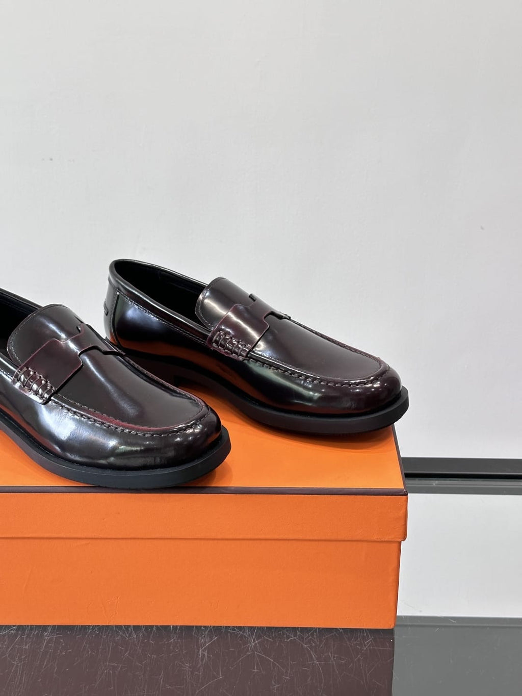 Hermès - Ancora Loafers in Burgundy Glazed Calfskin with Tonal H Detail