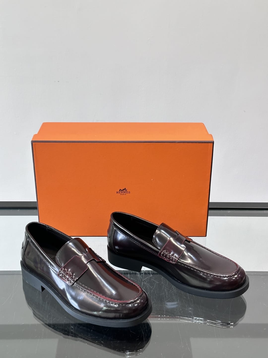 Hermès - Ancora Loafers in Burgundy Glazed Calfskin with Tonal H Detail
