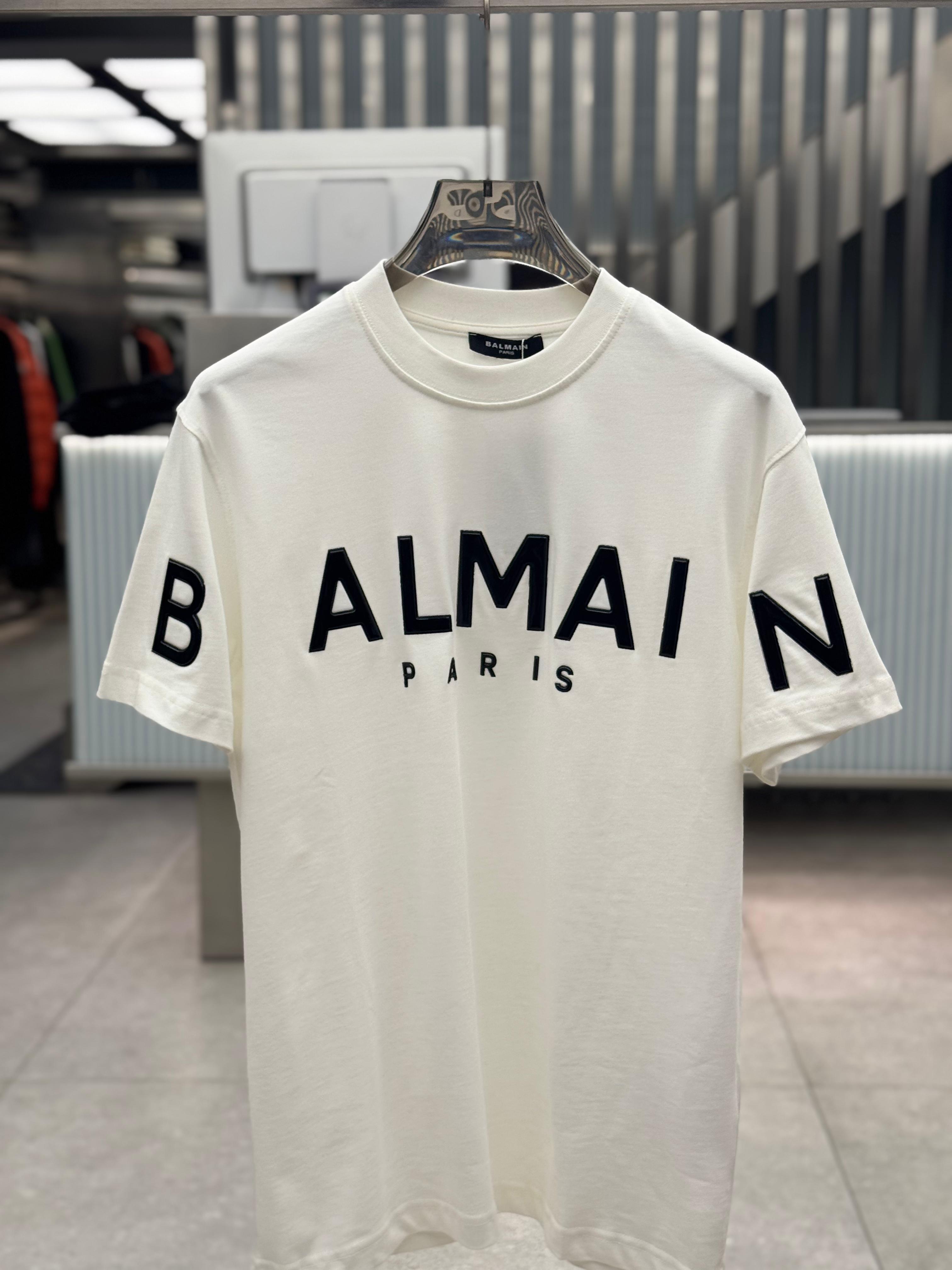 Balmain - Paris Logo Print Cotton T-Shirt in Off-White with Black