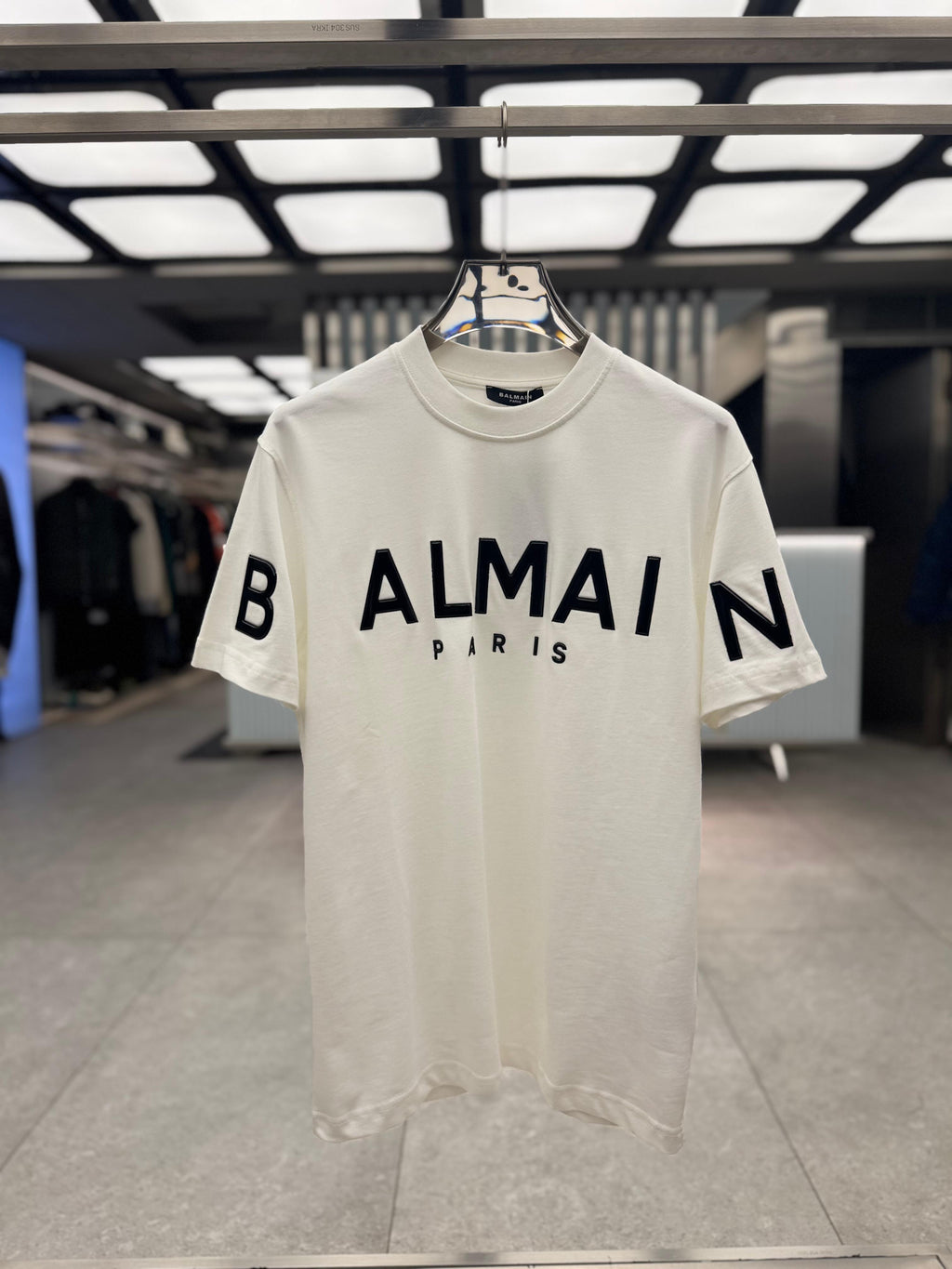 Balmain - Paris Logo Print Cotton T-Shirt in Off-White with Black Raised Lettering