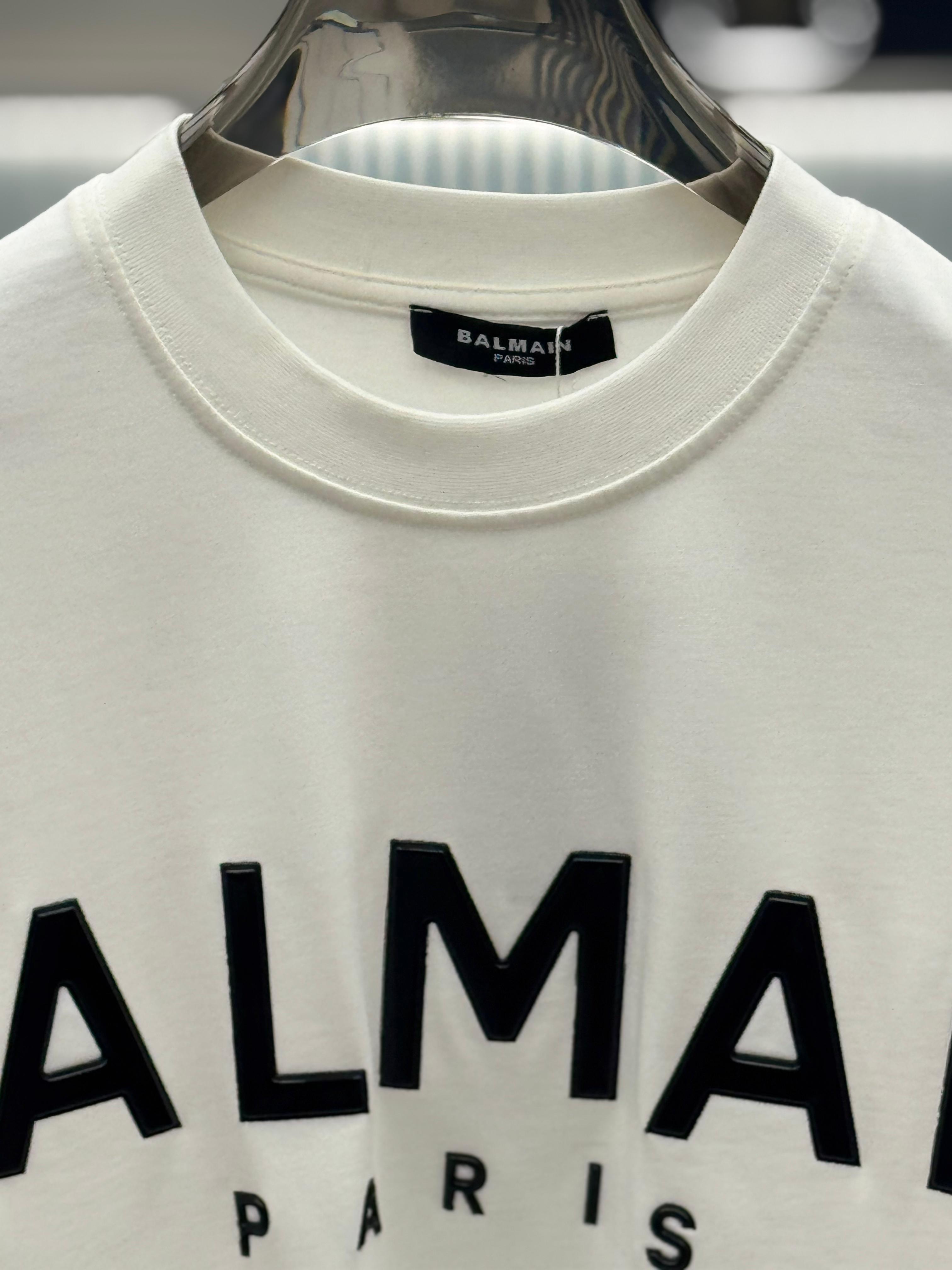 Balmain - Paris Logo Print Cotton T-Shirt in Off-White with Black Raised Lettering