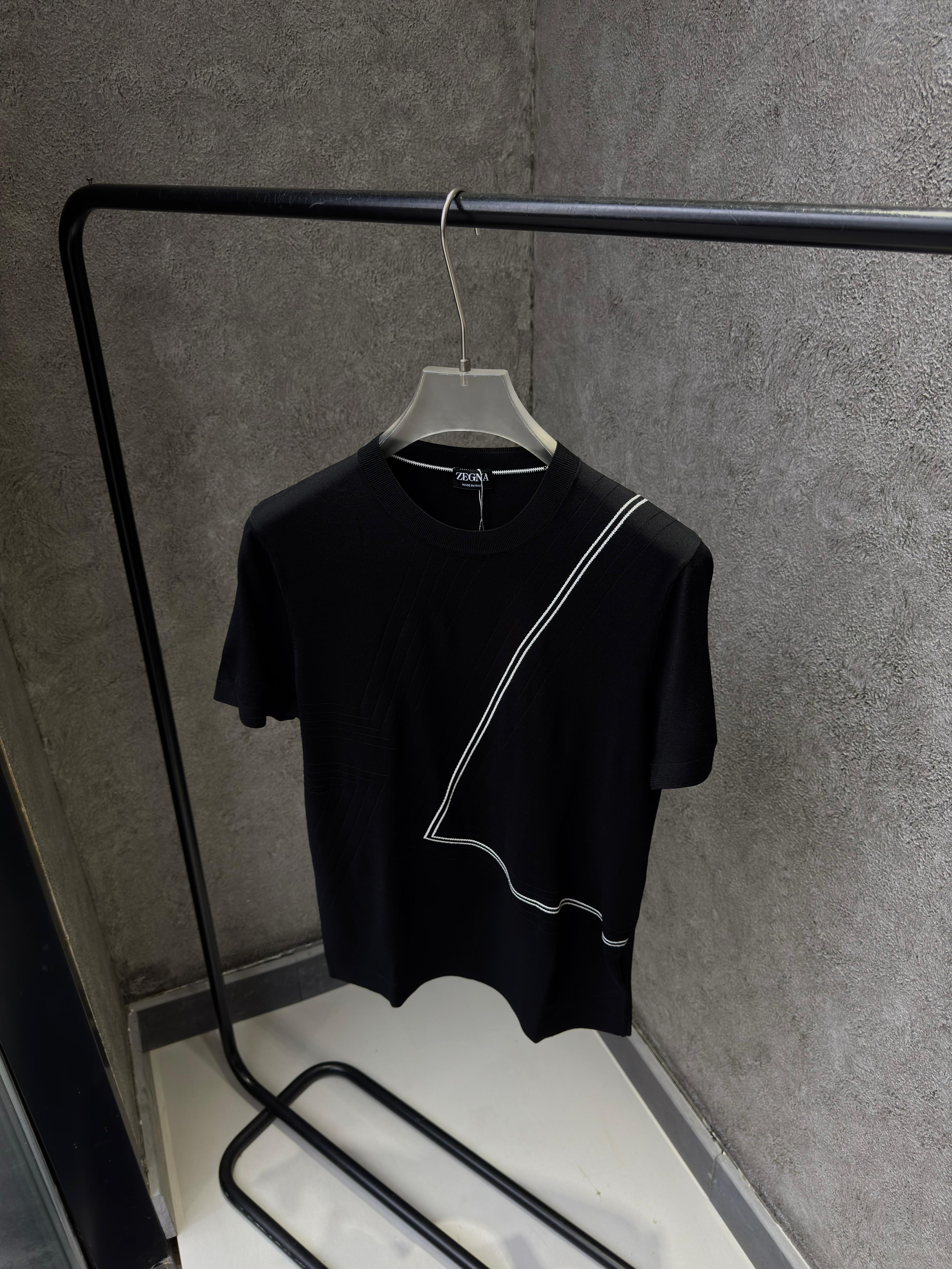 Zegna - Oasi Cashmere-Cotton Knit T-Shirt in Black with Geometric Intarsia Detail