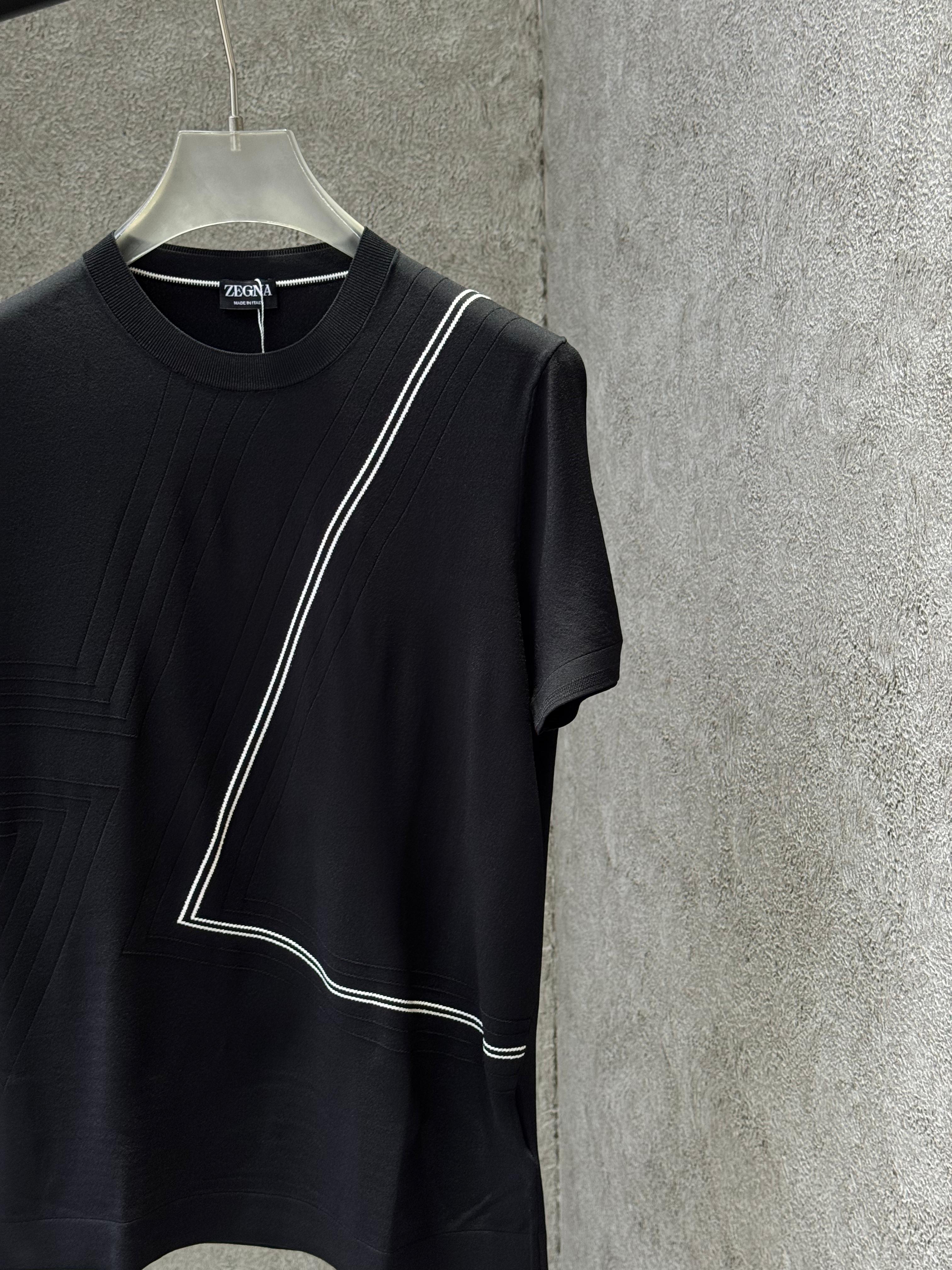 Zegna - Oasi Cashmere-Cotton Knit T-Shirt in Black with Geometric Intarsia Detail