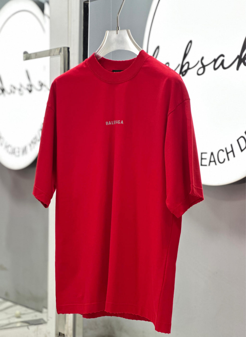 Balenciaga - Medium Fit Logo T-Shirt in Crimson Red with Distressed Edges