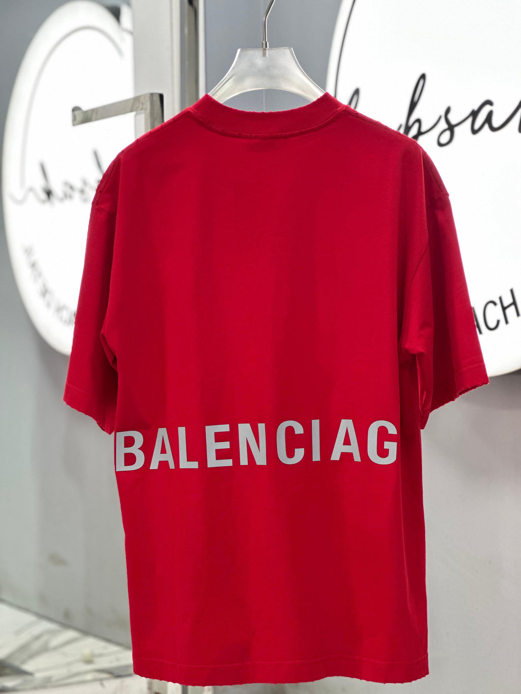 Balenciaga - Medium Fit Logo T-Shirt in Crimson Red with Distressed Edges