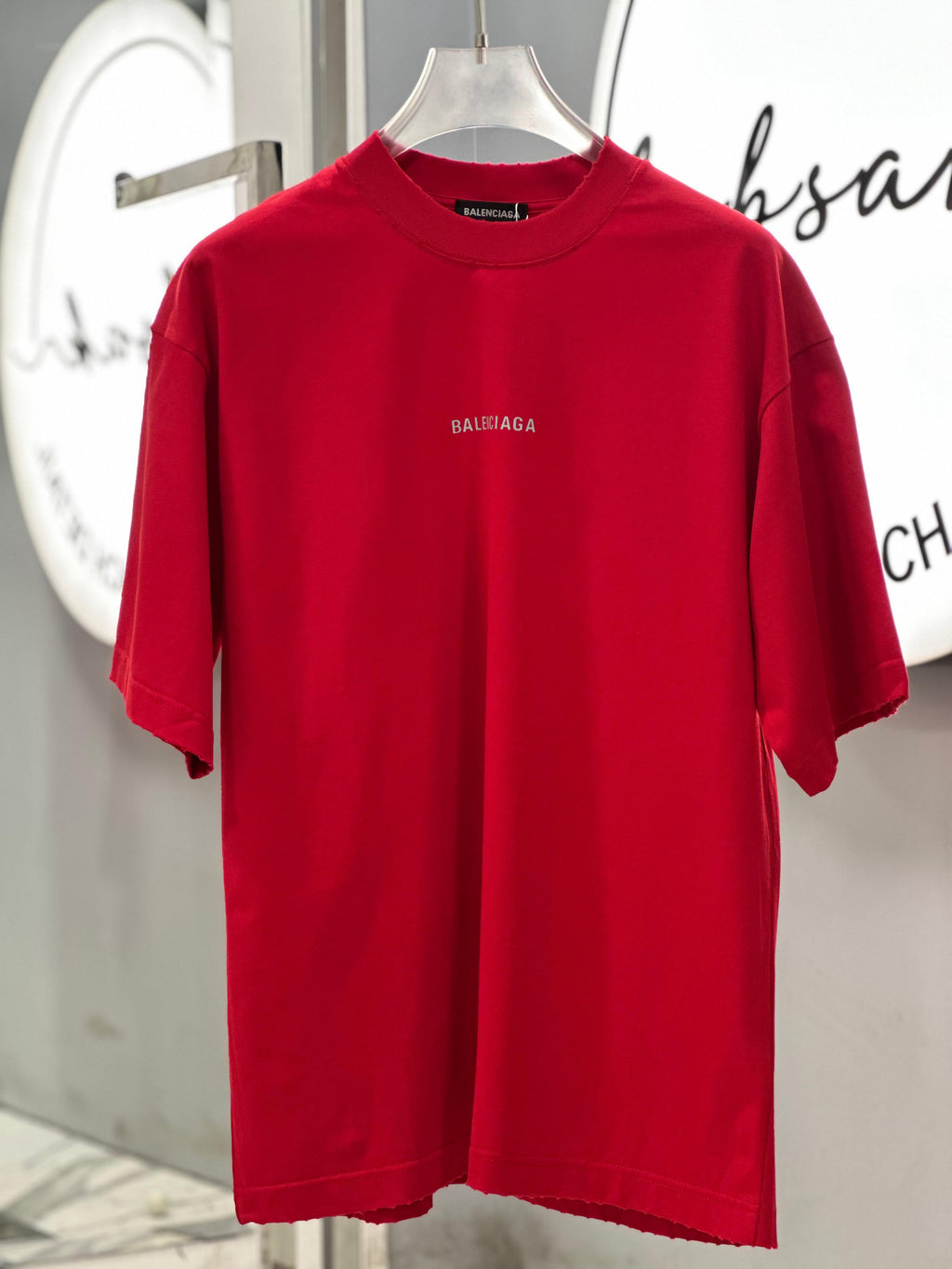 Balenciaga - Medium Fit Logo T-Shirt in Crimson Red with Distressed Edges