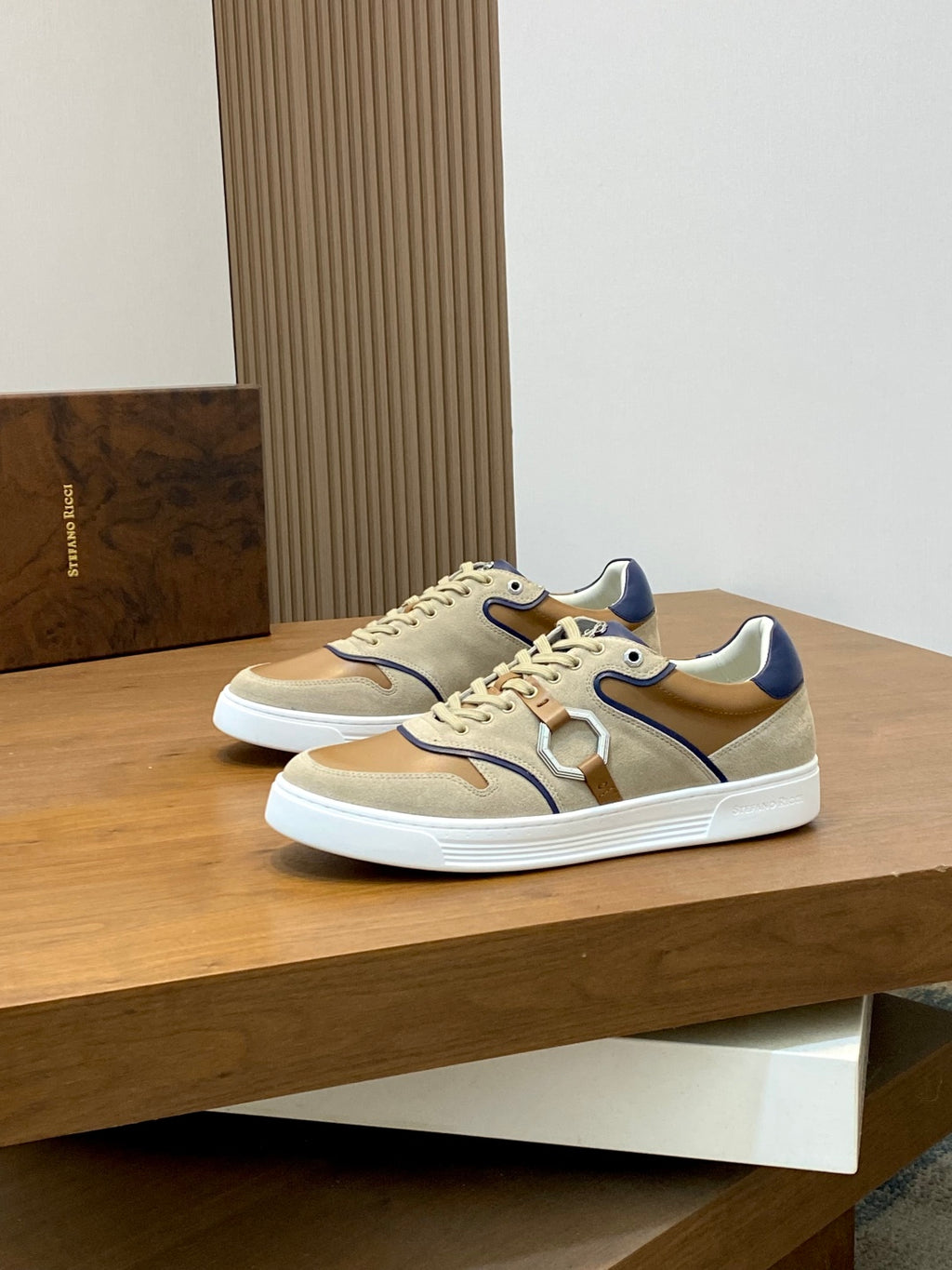 Stefano Ricci  - Luxury Low-Top Sneakers in Suede and Calfskin with Signature Octagon Buckle