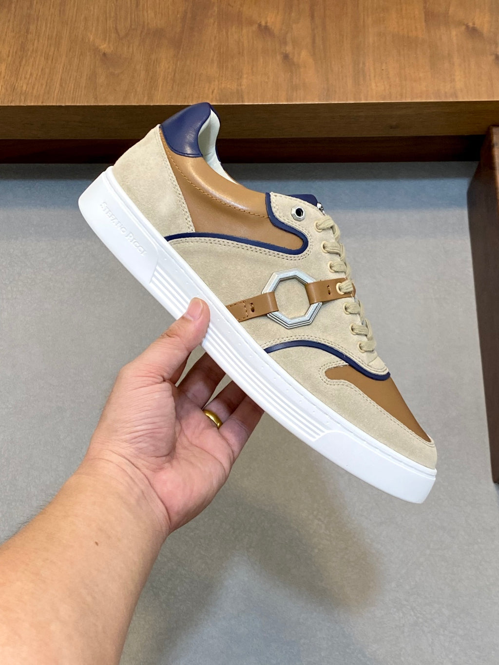Stefano Ricci  - Luxury Low-Top Sneakers in Suede and Calfskin with Signature Octagon Buckle