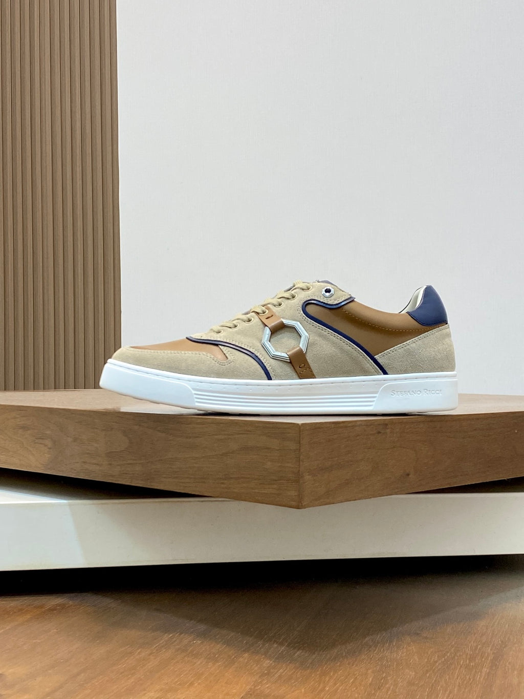 Stefano Ricci  - Luxury Low-Top Sneakers in Suede and Calfskin with Signature Octagon Buckle