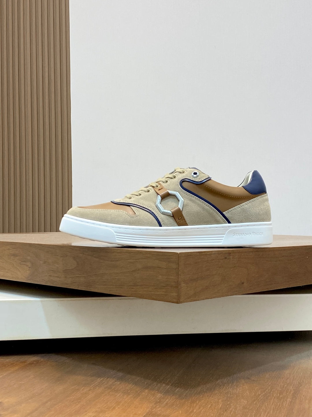 Stefano Ricci  - Luxury Low-Top Sneakers in Suede and Calfskin with Signature Octagon Buckle