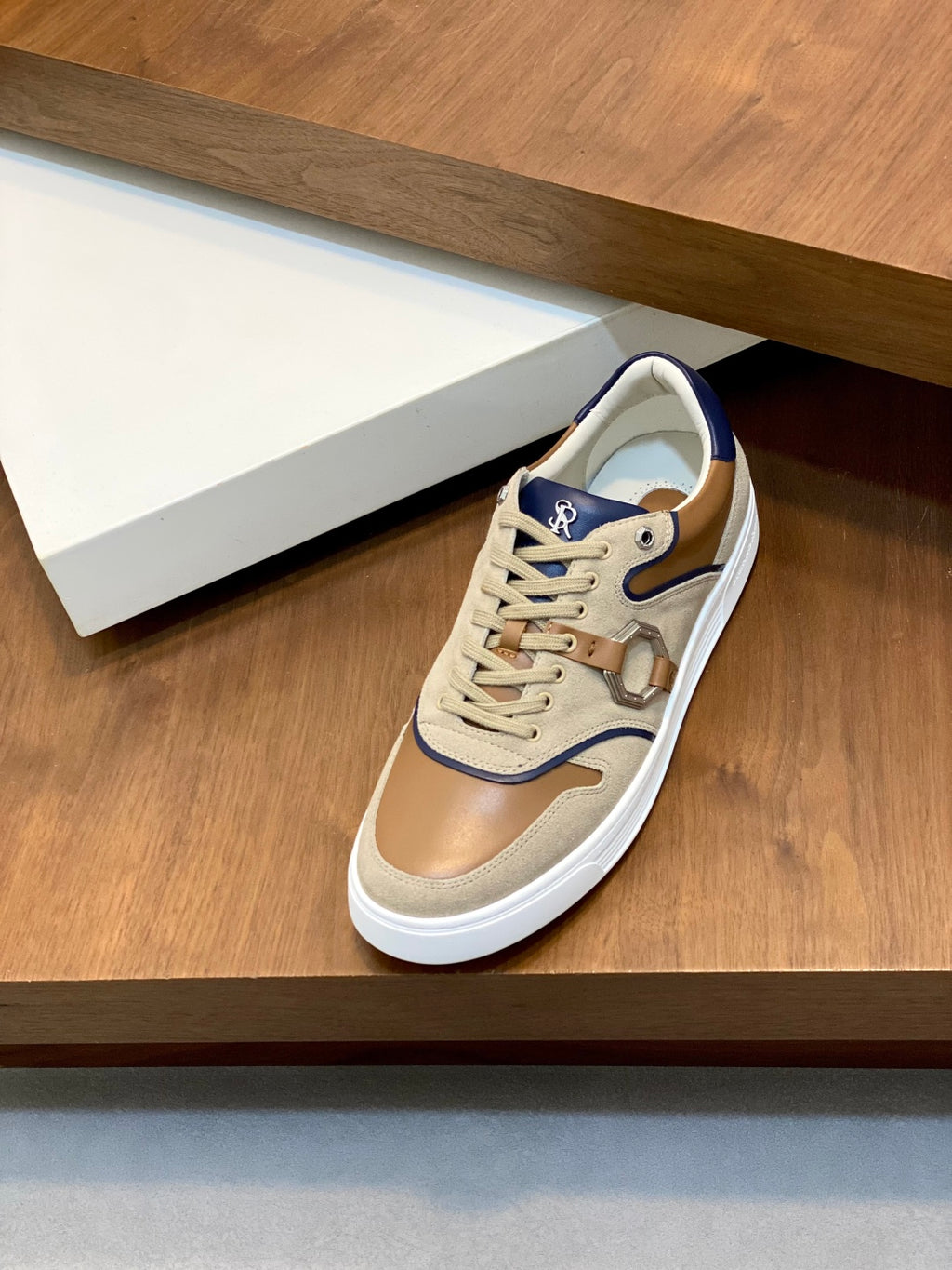 Stefano Ricci  - Luxury Low-Top Sneakers in Suede and Calfskin with Signature Octagon Buckle