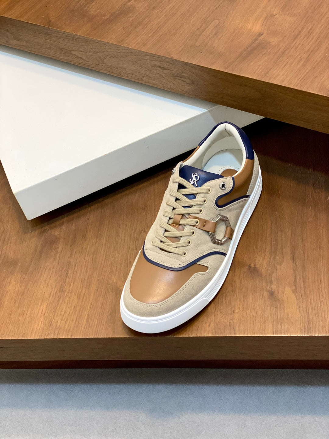 Stefano Ricci  - Luxury Low-Top Sneakers in Suede and Calfskin with Signature Octagon Buckle