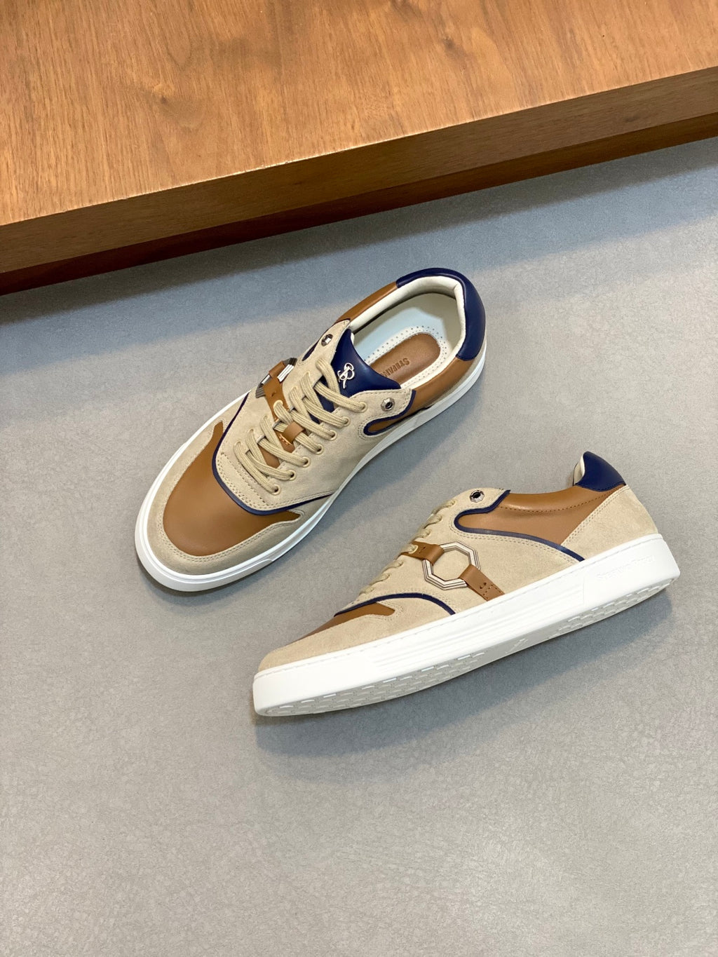 Stefano Ricci  - Luxury Low-Top Sneakers in Suede and Calfskin with Signature Octagon Buckle