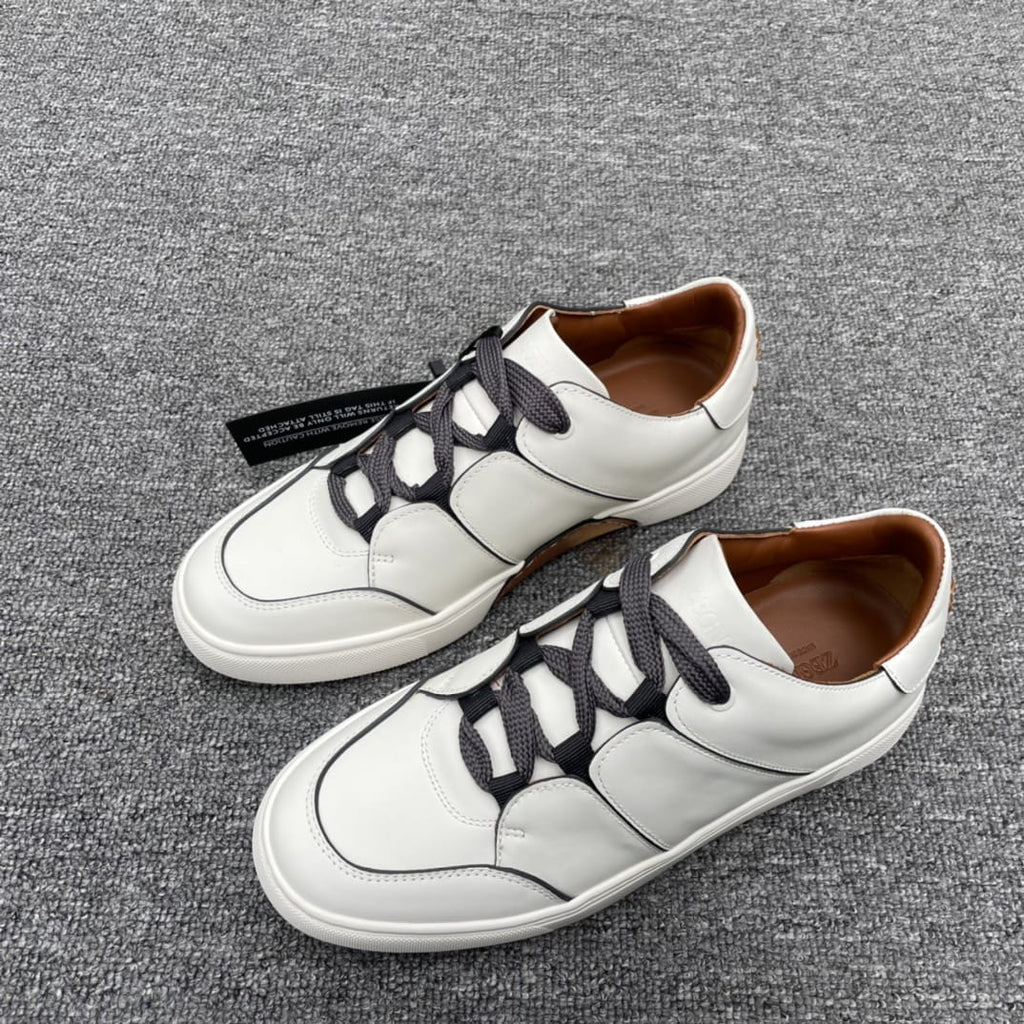 Zegna - Triple Stitch™ Low-Top Sneakers in White Grained Calfskin with Grey Accents