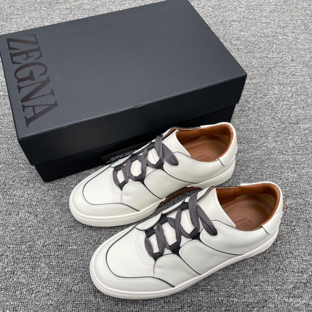Zegna - Triple Stitch™ Low-Top Sneakers in White Grained Calfskin with Grey Accents