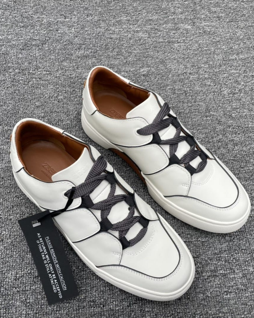 Zegna - Triple Stitch™ Low-Top Sneakers in White Grained Calfskin with Grey Accents