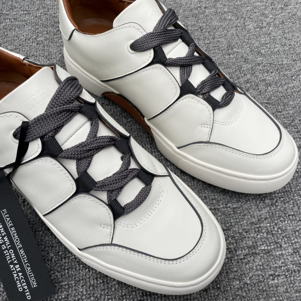 Zegna - Triple Stitch™ Low-Top Sneakers in White Grained Calfskin with Grey Accents