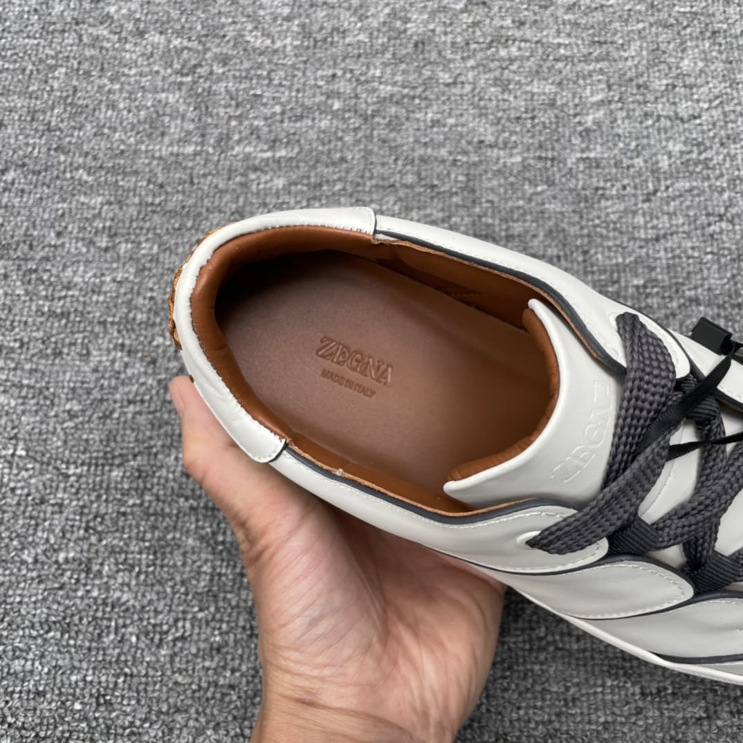 Zegna - Triple Stitch™ Low-Top Sneakers in White Grained Calfskin with Grey Accents