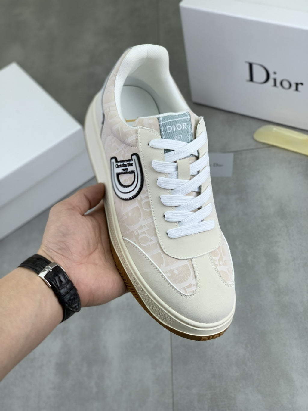 Dior - B57 Low-Top Sneaker in Cream and White Dior Oblique Jacquard