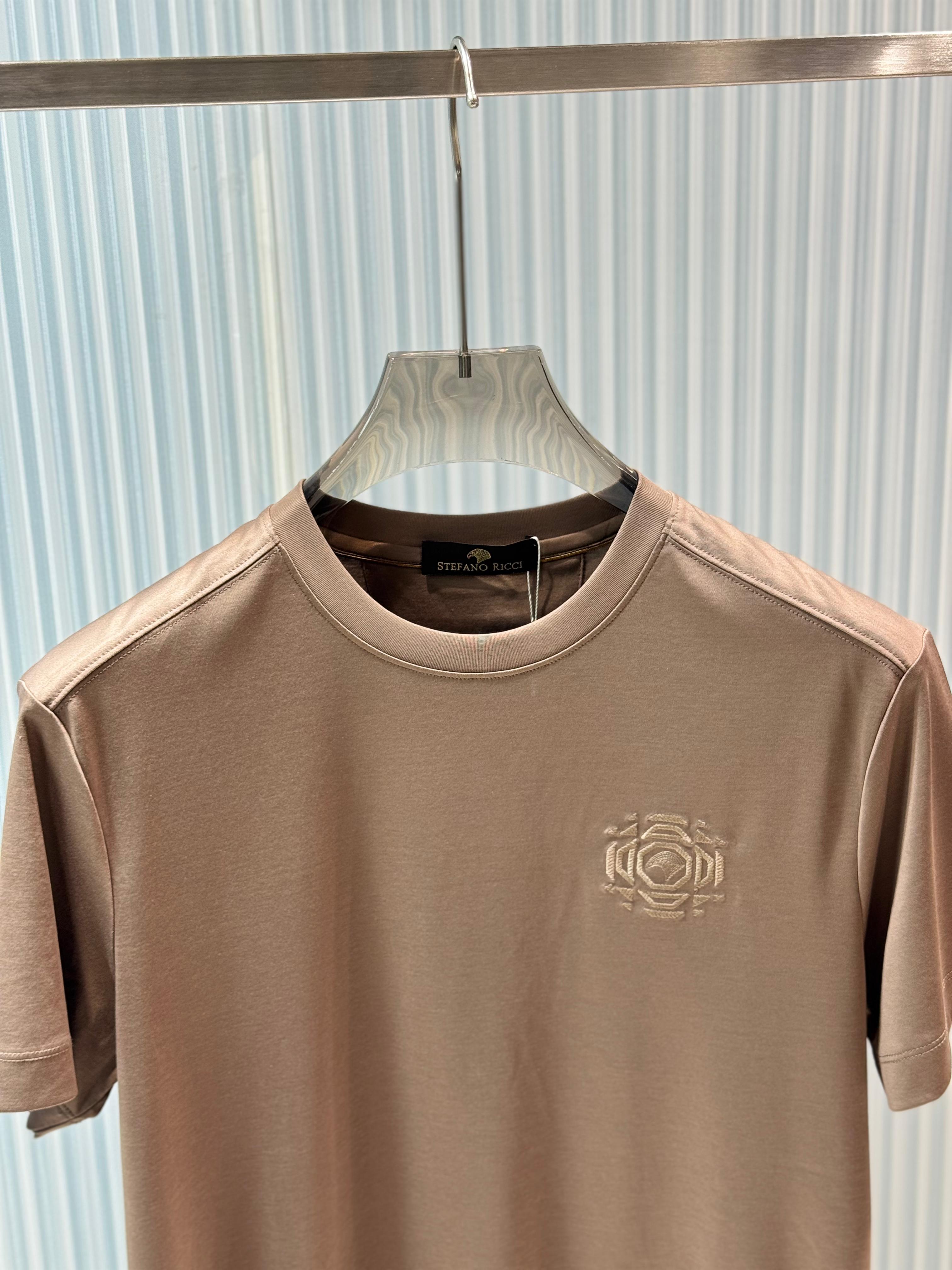 Stefano Ricci - Silk-Cotton T-Shirt in Taupe with Embroidered Octagon Logo