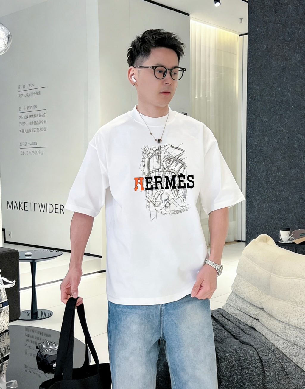 Hermès - "Optimiste" Graphic T-Shirt in White with Technical Horsebit Print