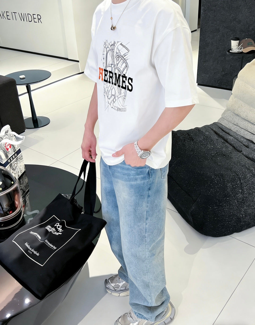 Hermès - "Optimiste" Graphic T-Shirt in White with Technical Horsebit Print