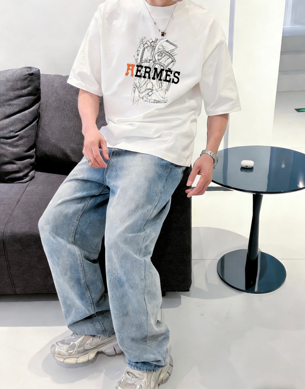 Hermès - "Optimiste" Graphic T-Shirt in White with Technical Horsebit Print