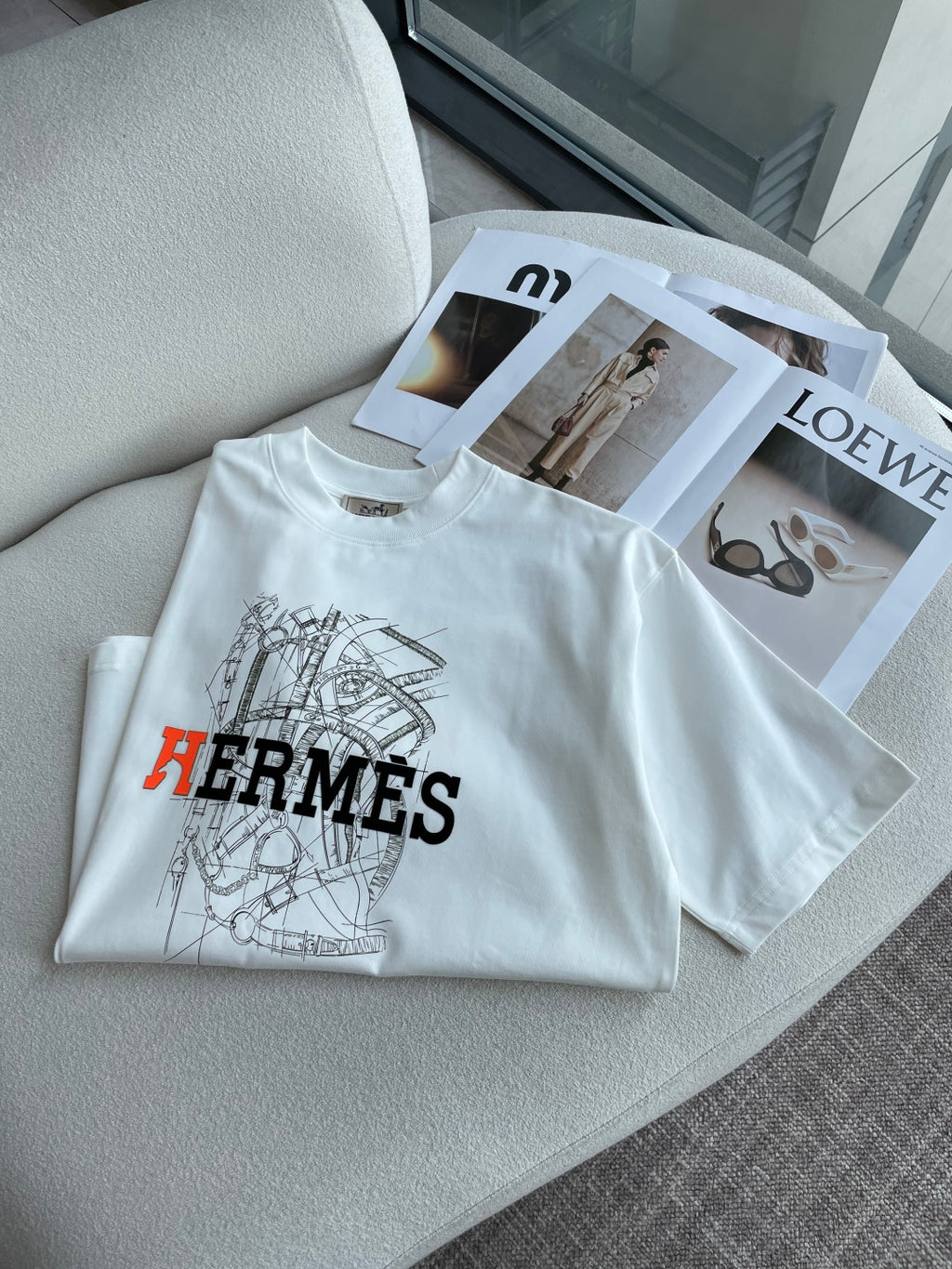 Hermès - "Optimiste" Graphic T-Shirt in White with Technical Horsebit Print