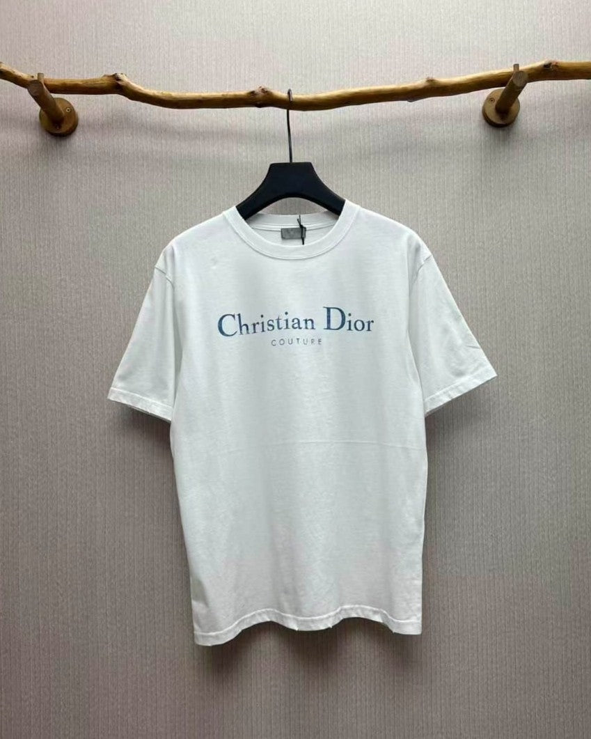 Christian Dior - Couture T-Shirt in White Cotton with Slate Blue Embroidery
