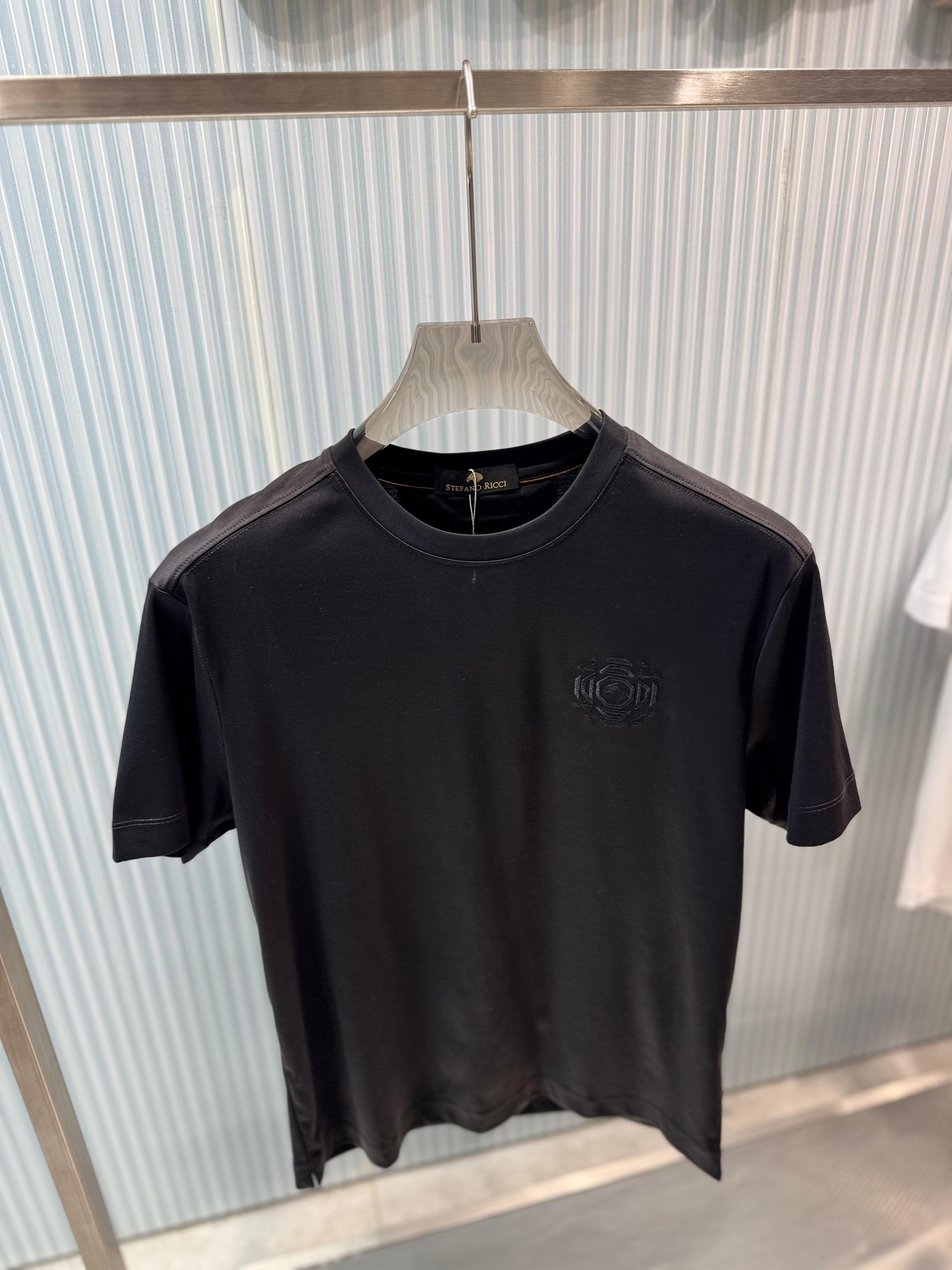 Stefano Ricci - Silk-Cotton T-Shirt in Midnight Black with Embroidered Octagon Logo